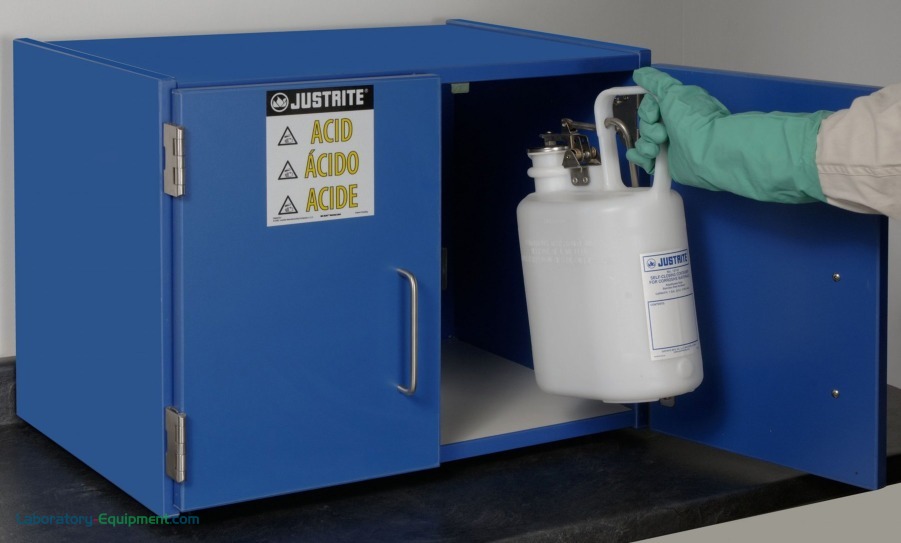 蓝色木层压板台面化学品存储柜