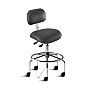 Biofit black desk chair includes tubular steel base, large trapezoid backrest, saddle-shaped seat, footring, and dual-wheel casters for ESD applications